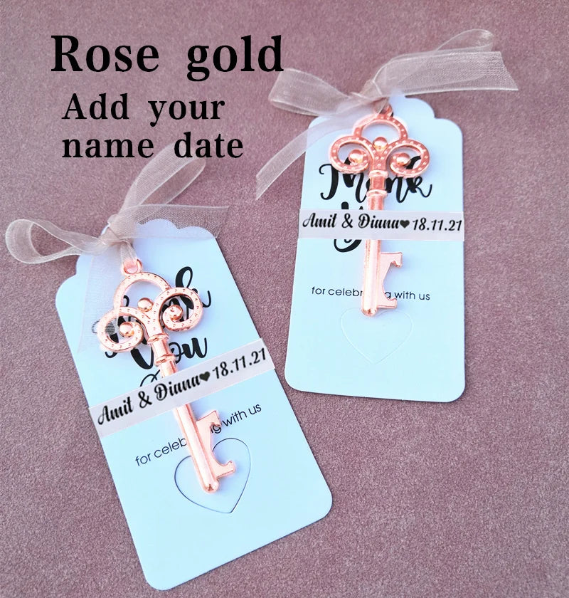 Wedding Gifts For Guests Souvenirs Party Gifts Copper Color Skeleton Key Beer Bottle Opener with Personalized Name Sticker Card