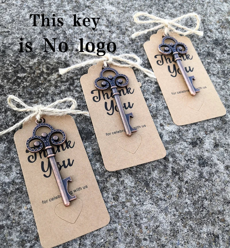 Wedding Gifts For Guests Souvenirs Party Gifts Copper Color Skeleton Key Beer Bottle Opener with Personalized Name Sticker Card