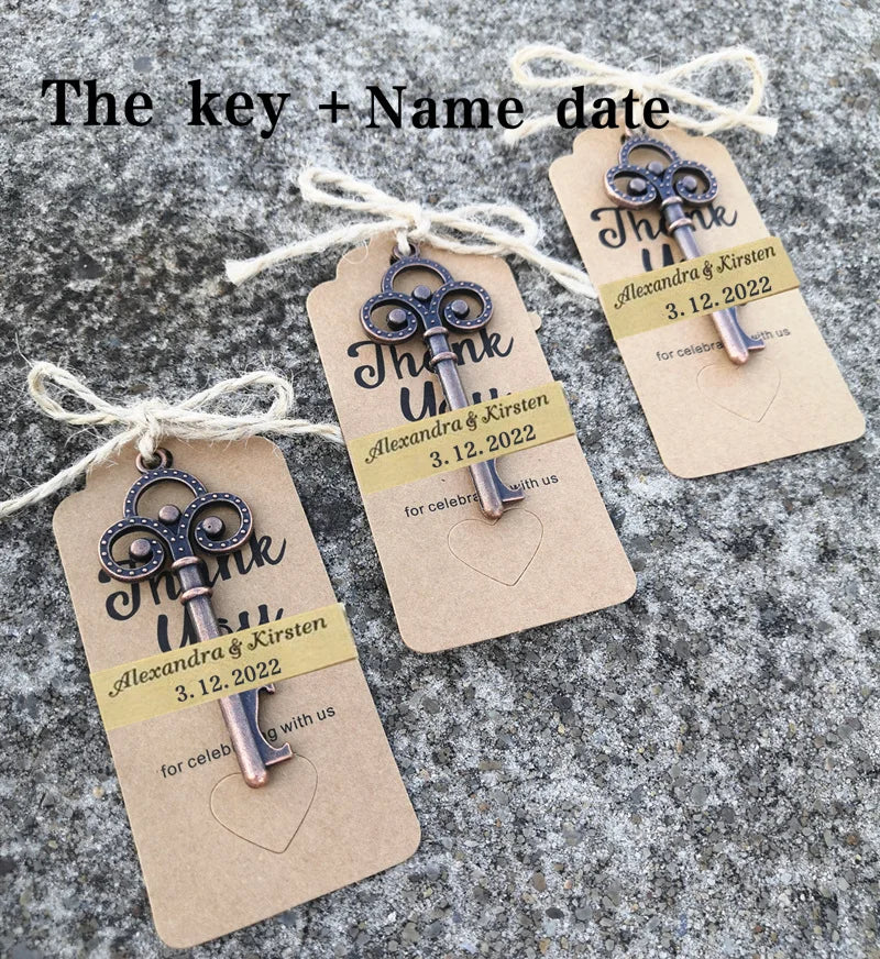 Wedding Gifts For Guests Souvenirs Party Gifts Copper Color Skeleton Key Beer Bottle Opener with Personalized Name Sticker Card