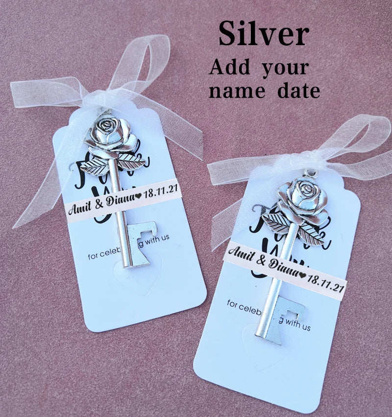 Wedding Gifts For Guests Souvenirs Party Gifts Copper Color Skeleton Key Beer Bottle Opener with Personalized Name Sticker Card
