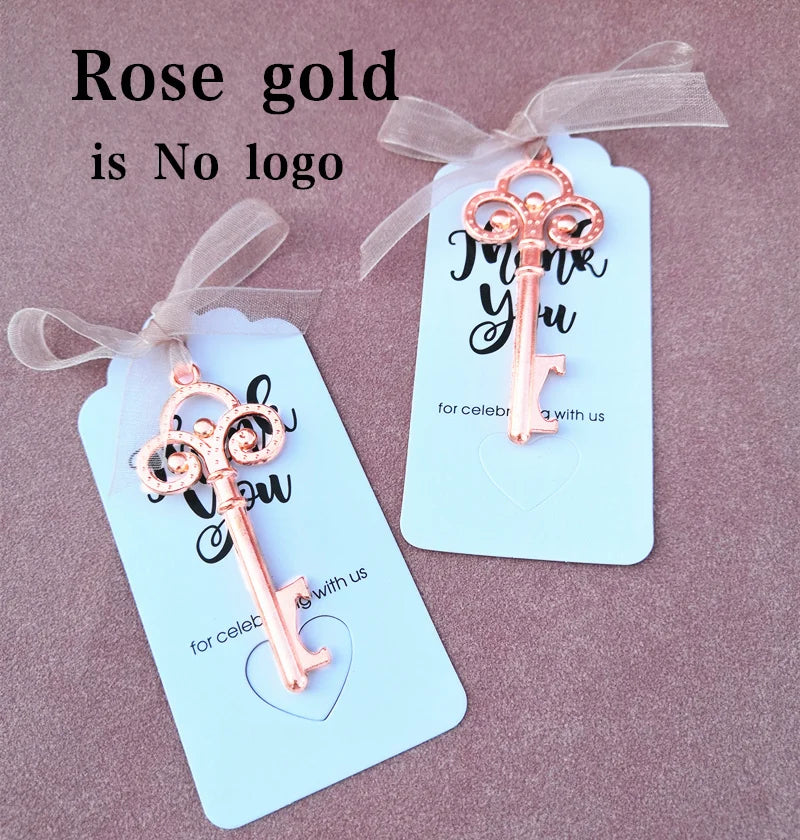 Wedding Gifts For Guests Souvenirs Party Gifts Copper Color Skeleton Key Beer Bottle Opener with Personalized Name Sticker Card