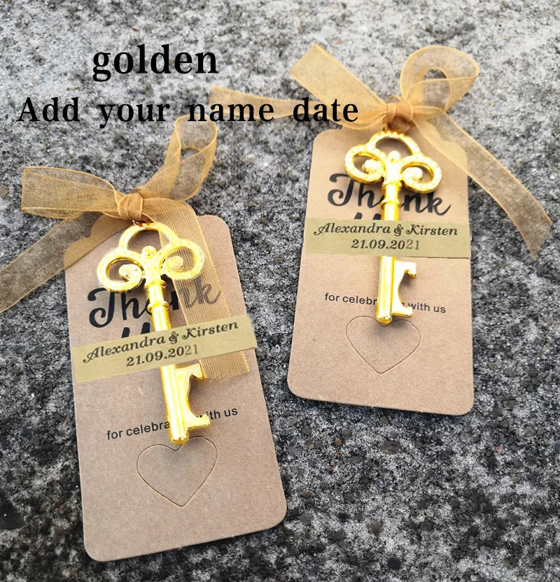Wedding Gifts For Guests Souvenirs Party Gifts Copper Color Skeleton Key Beer Bottle Opener with Personalized Name Sticker Card