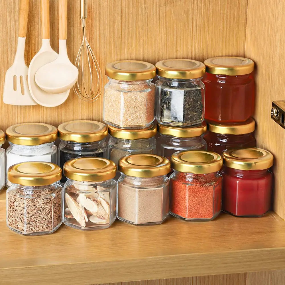 20 x Little Glass Honey Jar - Glass Honey Jars with Gold Lids, Wooden Dippers, Bee Charms and Jutes for daughter Shower