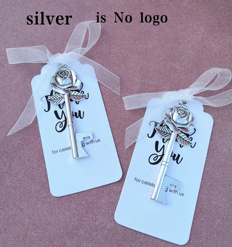 Wedding Gifts For Guests Souvenirs Party Gifts Copper Color Skeleton Key Beer Bottle Opener with Personalized Name Sticker Card