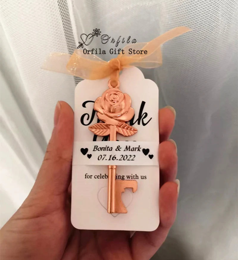 Wedding Gifts For Guests Souvenirs Party Gifts Copper Color Skeleton Key Beer Bottle Opener with Personalized Name Sticker Card