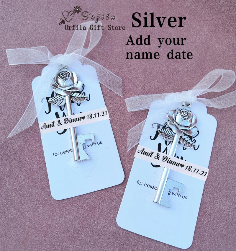 Wedding Gifts For Guests Souvenirs Party Gifts Copper Color Skeleton Key Beer Bottle Opener with Personalized Name Sticker Card