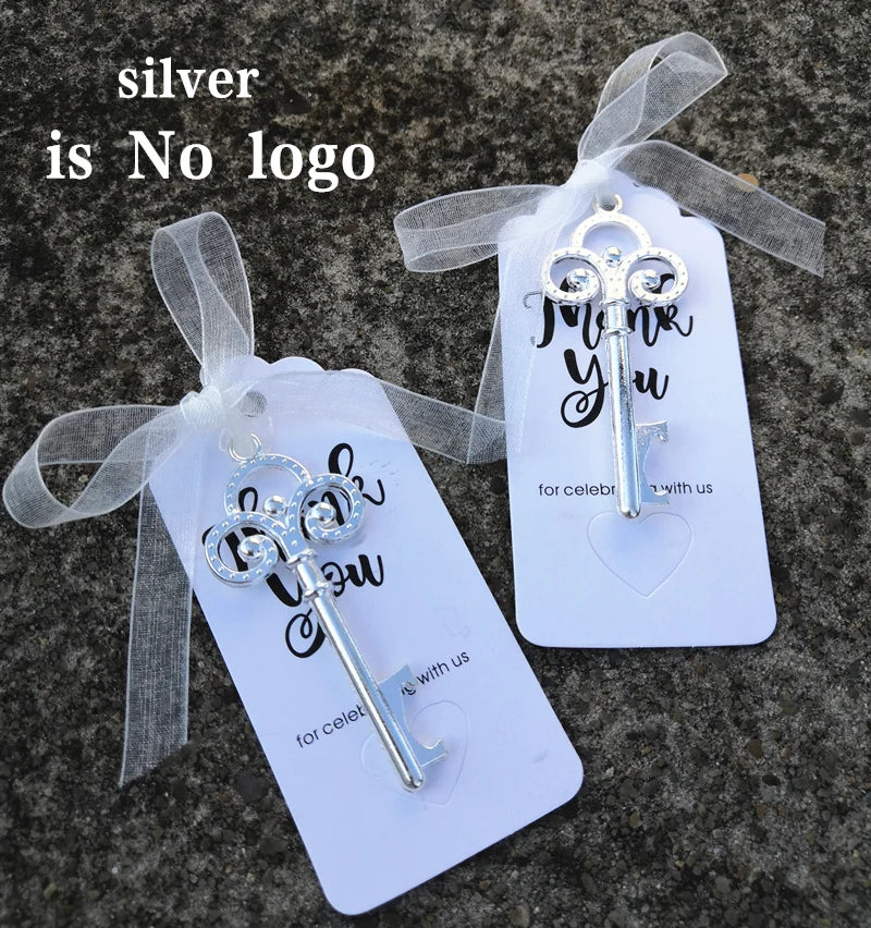 Wedding Gifts For Guests Souvenirs Party Gifts Copper Color Skeleton Key Beer Bottle Opener with Personalized Name Sticker Card
