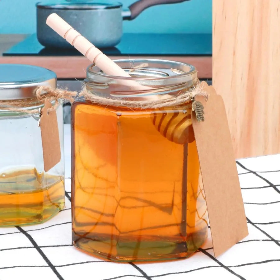 10 oz Honey Jars with Dipper 12 Pack Hexagon Glass Jar with Silver Lids Wooden Sticks for Baby Shower Favors Wedding Favors for