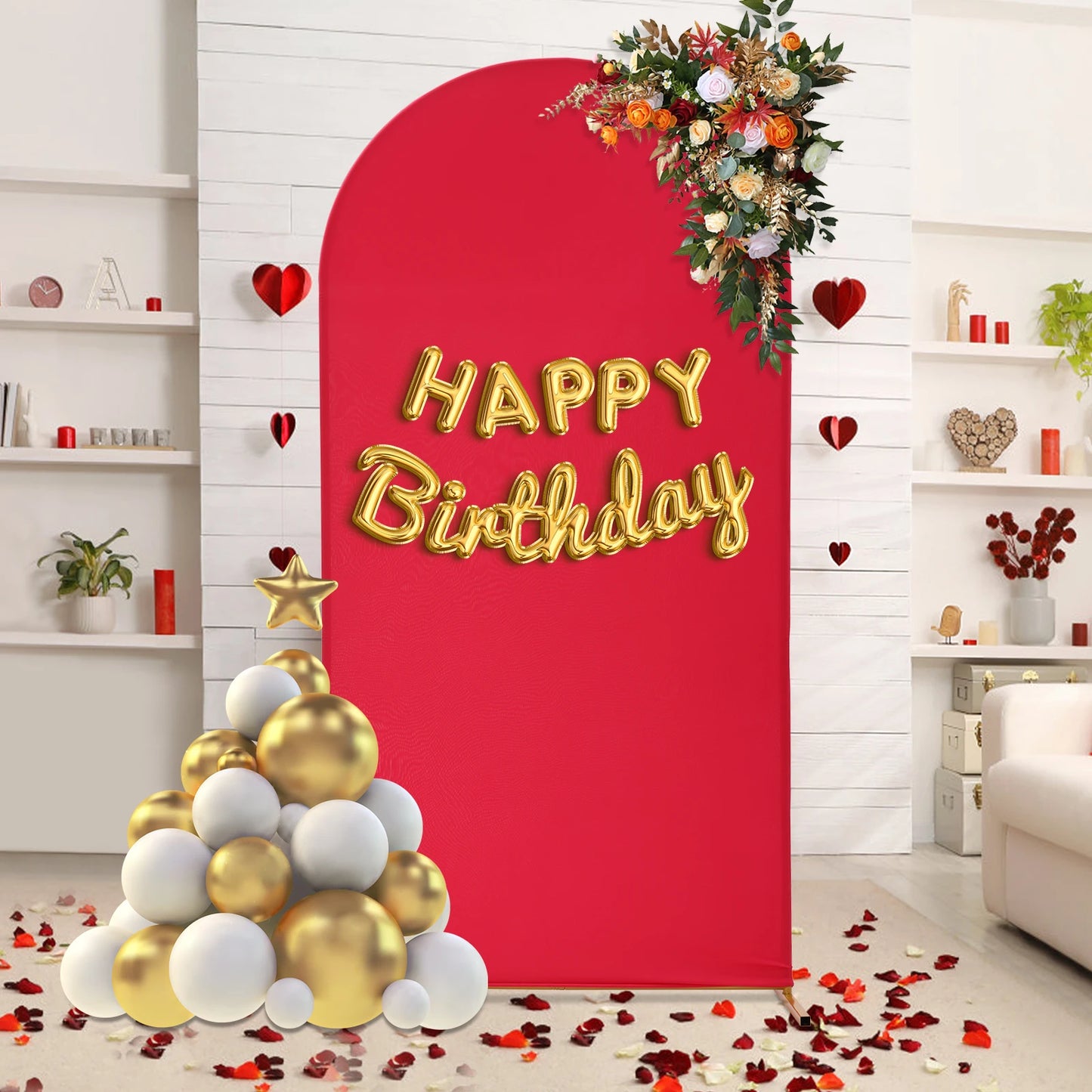 2m Wedding Arch Frame Kit | 100x200cm Elastic Rose Red Cover, Balloon Backdrop Stand