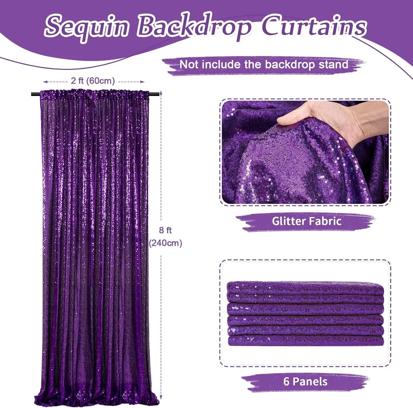 Purple Sequin Backdrop Curtains Glitter Drapes 6 Pcs-2ftx8ft for Wedding Birthday Party Decorations Sparkly Photography Backgrou