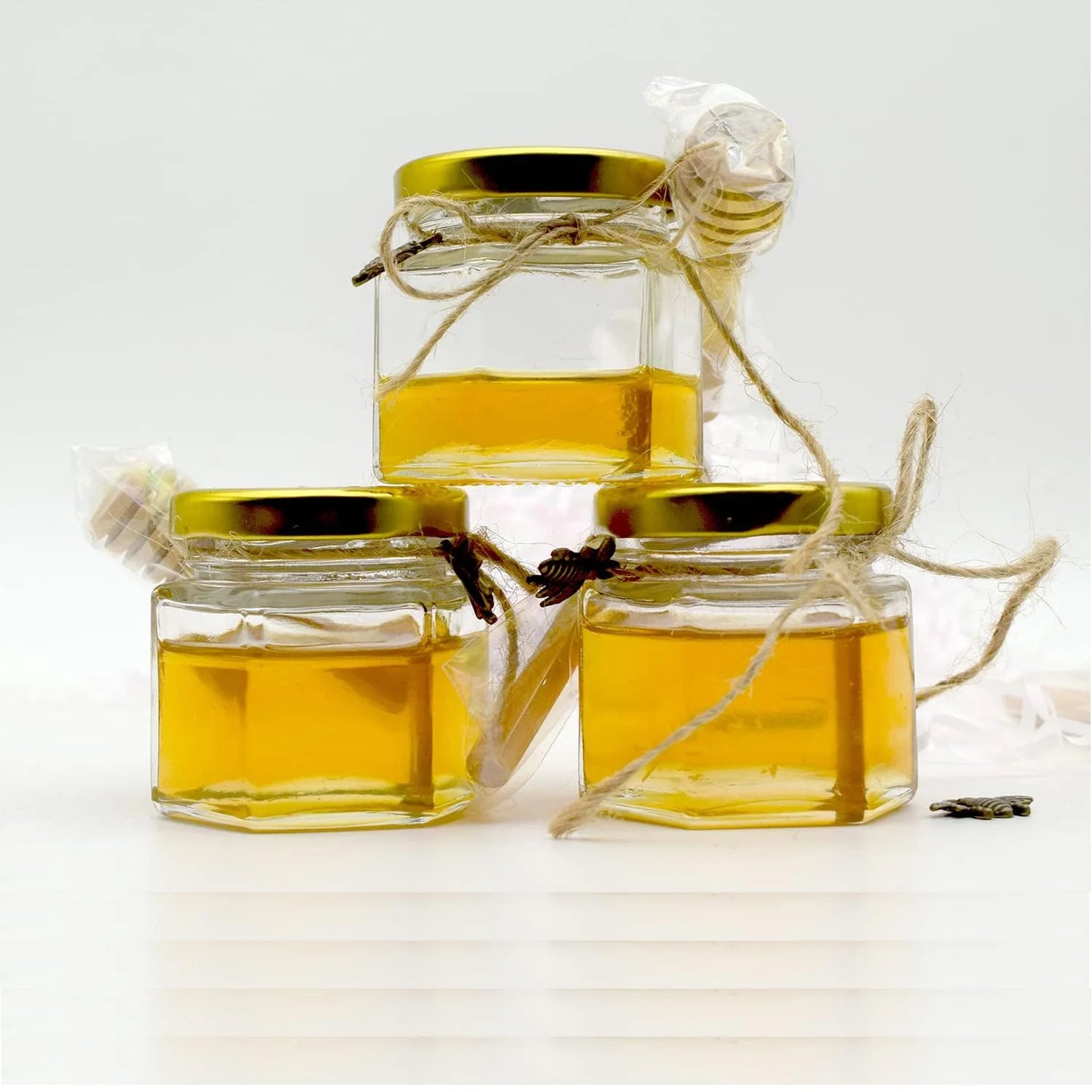 20 x Little Glass Honey Jar - Glass Honey Jars with Gold Lids, Wooden Dippers, Bee Charms and Jutes for daughter Shower