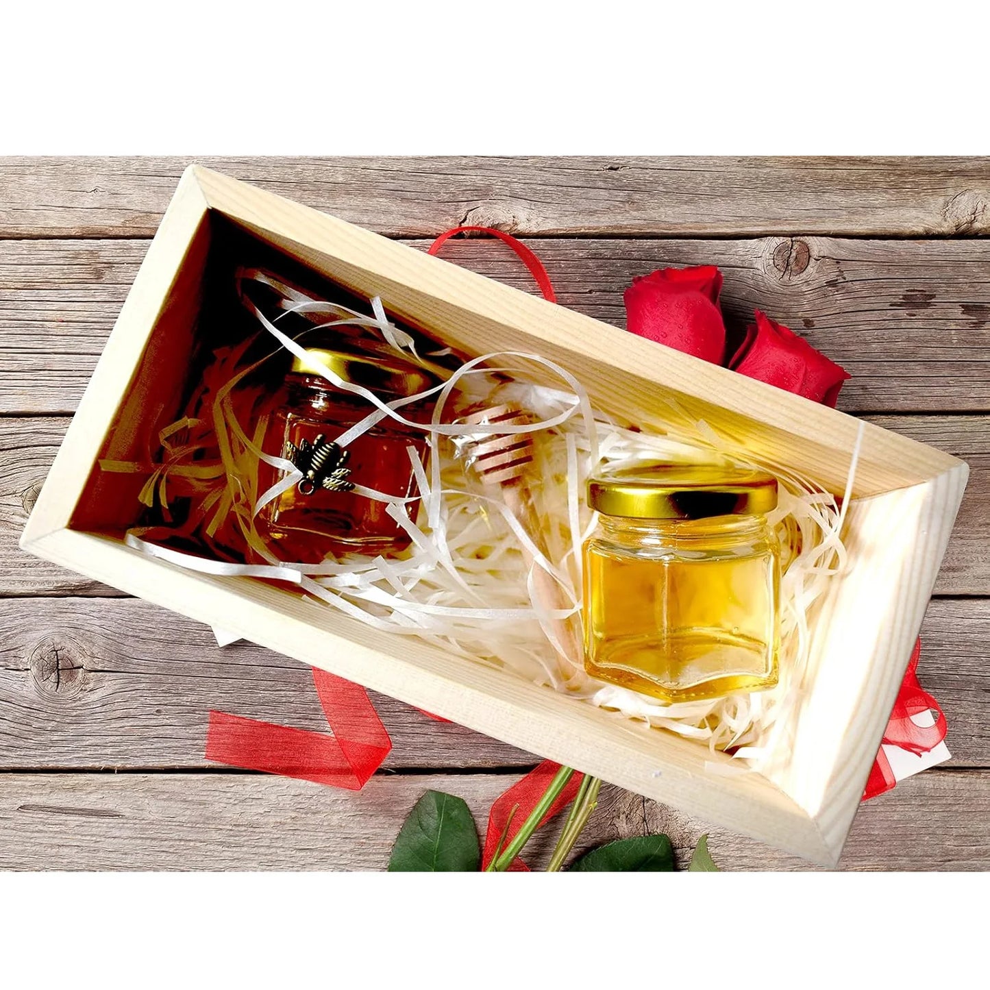 20 x Little Glass Honey Jar - Glass Honey Jars with Gold Lids, Wooden Dippers, Bee Charms and Jutes for daughter Shower