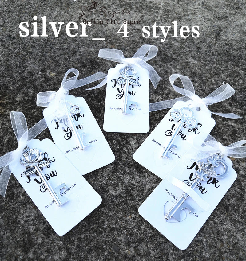 Wedding Gifts For Guests Souvenirs Party Gifts Copper Color Skeleton Key Beer Bottle Opener with Personalized Name Sticker Card