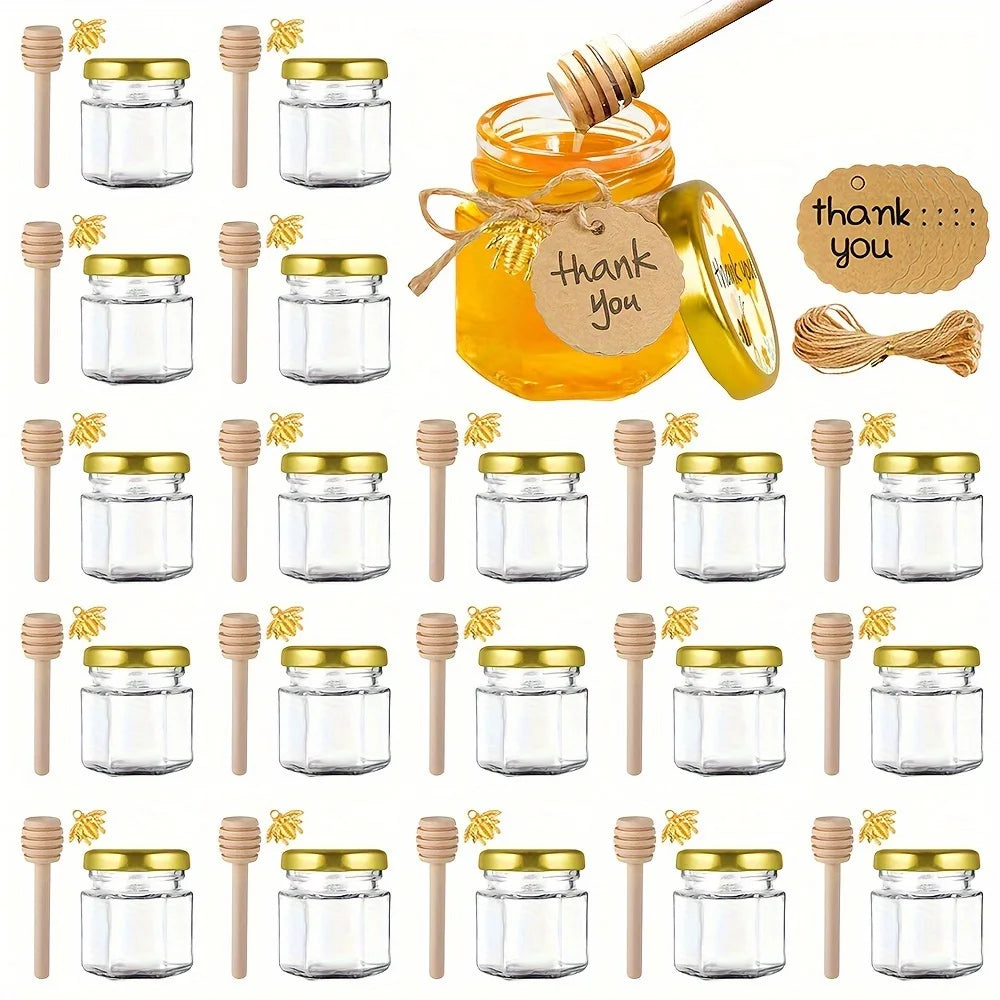 20 x Little Glass Honey Jar - Glass Honey Jars with Gold Lids, Wooden Dippers, Bee Charms and Jutes for daughter Shower