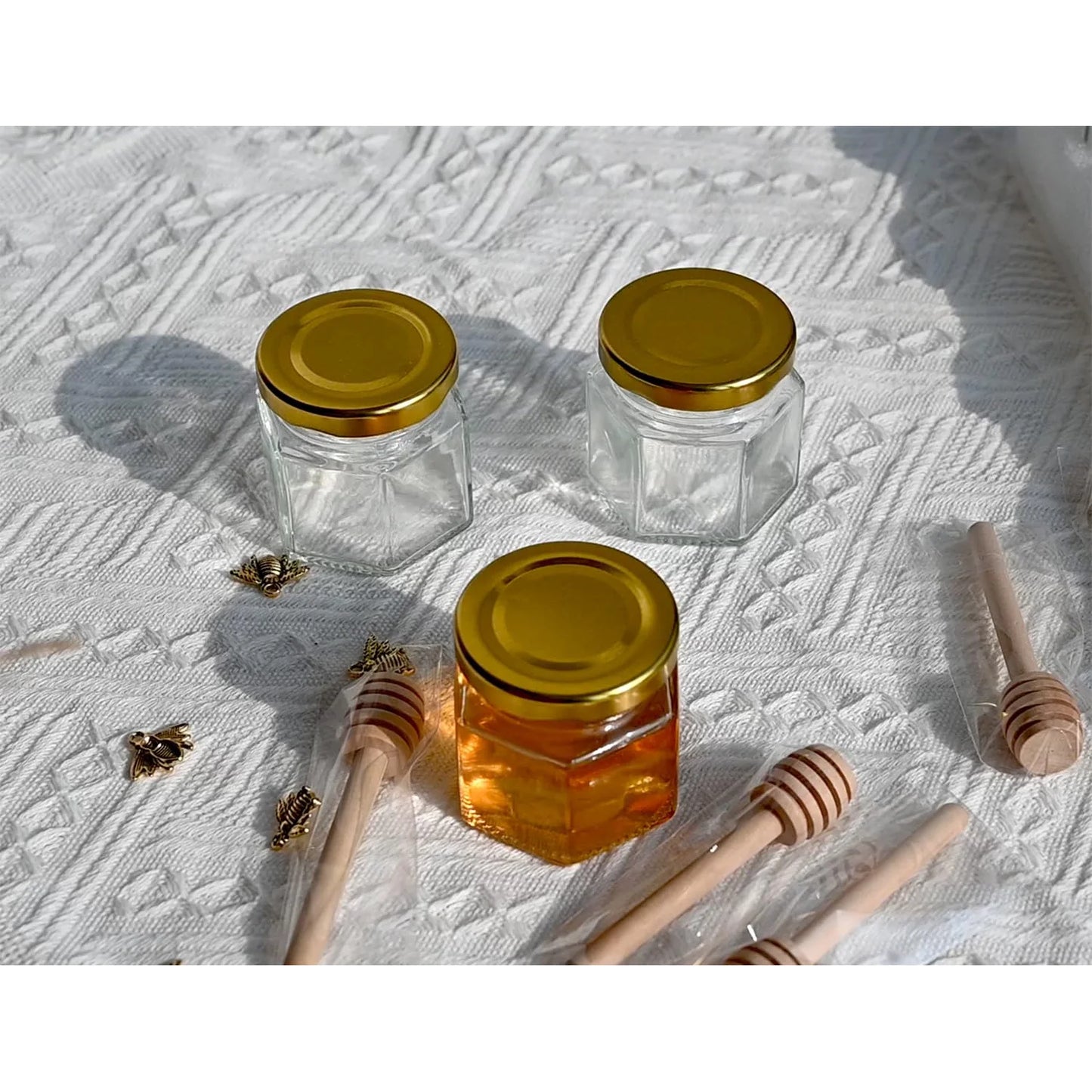 20 x Little Glass Honey Jar - Glass Honey Jars with Gold Lids, Wooden Dippers, Bee Charms and Jutes for daughter Shower