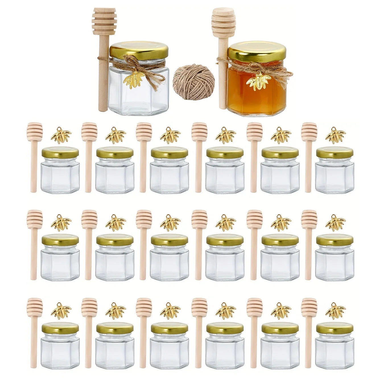 20 x Little Glass Honey Jar - Glass Honey Jars with Gold Lids, Wooden Dippers, Bee Charms and Jutes for daughter Shower