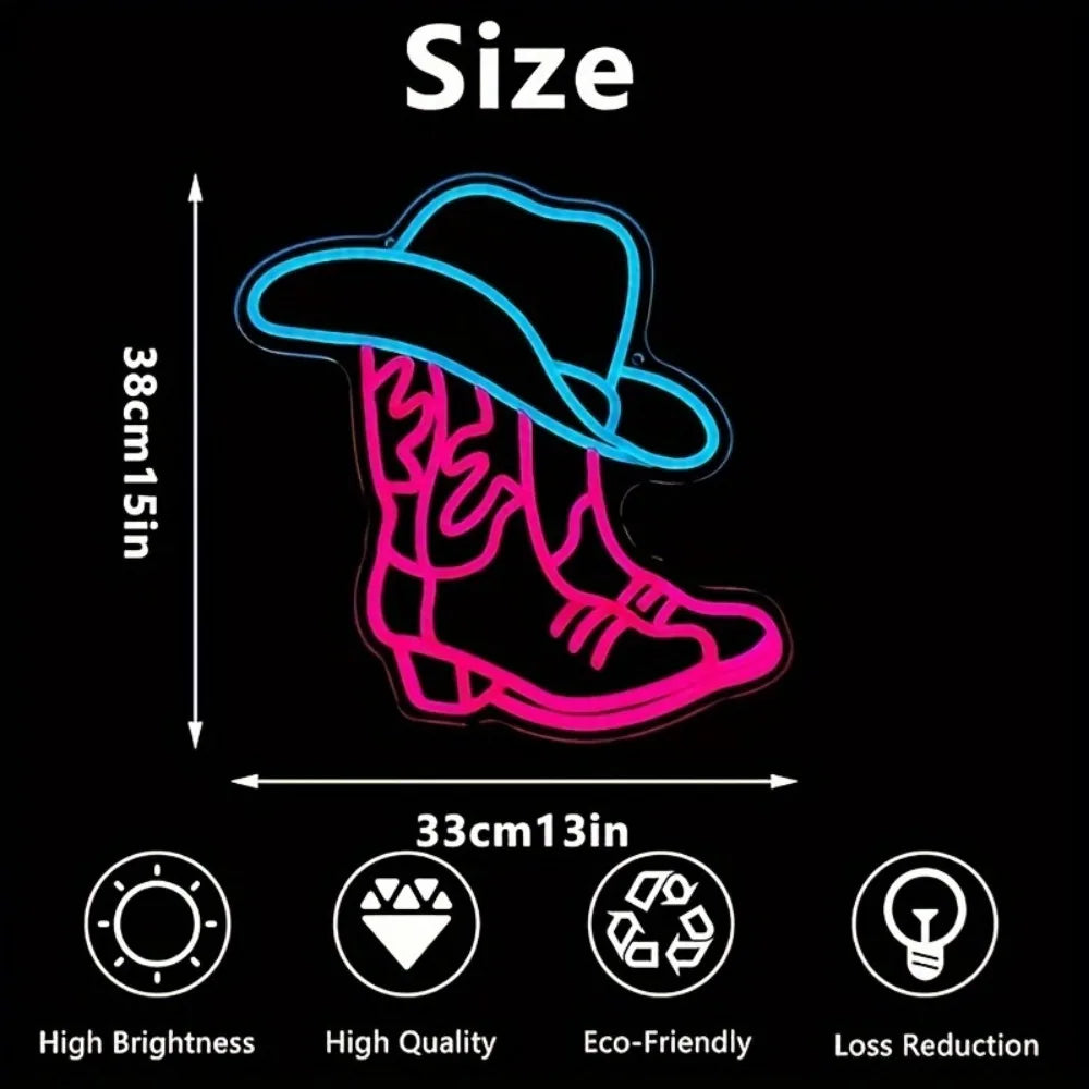 Cowboy Boots and Hats Neon Sign LED Western Aesthetic Mural USB Powered Bedroom Party Bar Wedding Christmas Birthday Gift