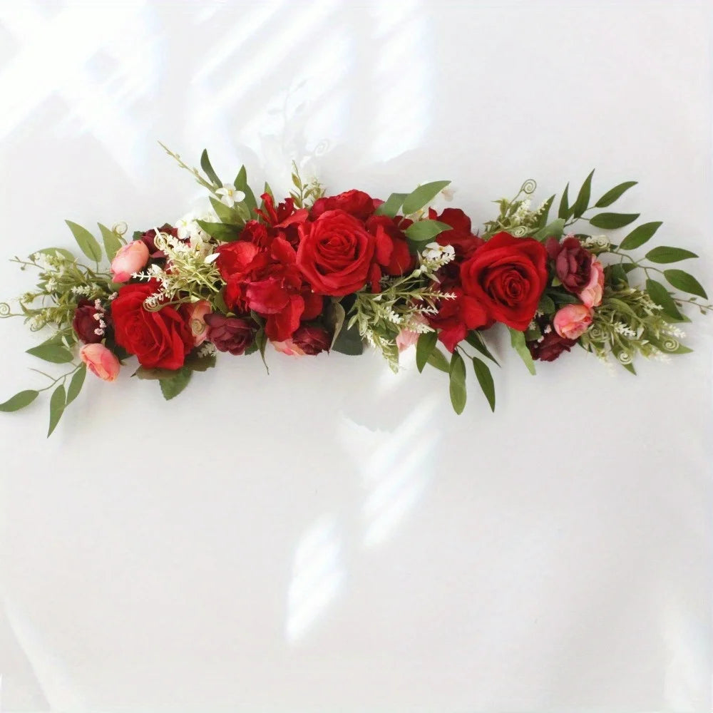 2 Pcs Artificial Peony Roses Flowers Swag Faux Flower Arch Garland Simulation Door Lintel Fake Green Leaves and Silk