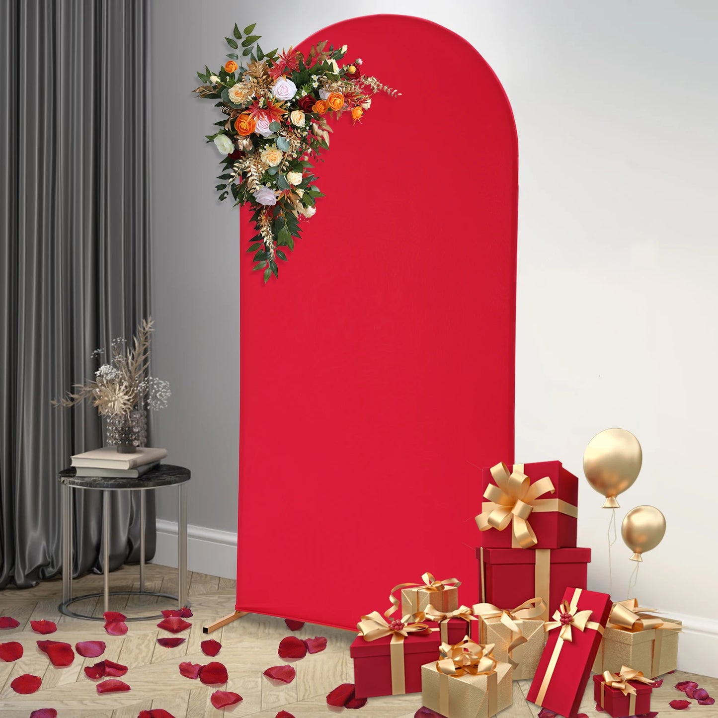 2m Wedding Arch Frame Kit | 100x200cm Elastic Rose Red Cover, Balloon Backdrop Stand
