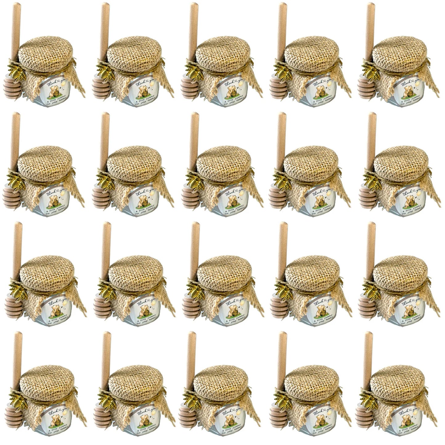 20 x Little Glass Honey Jar - Glass Honey Jars with Gold Lids, Wooden Dippers, Bee Charms and Jutes for daughter Shower