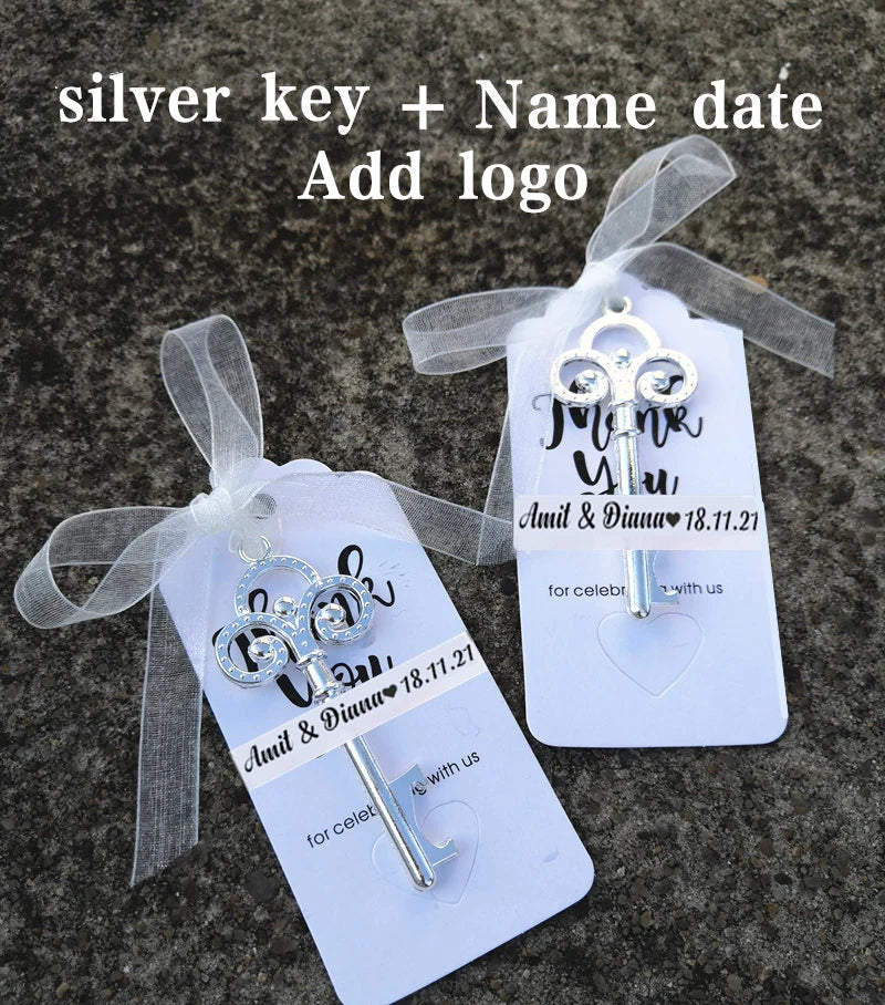 Wedding Gifts For Guests Souvenirs Party Gifts Copper Color Skeleton Key Beer Bottle Opener with Personalized Name Sticker Card