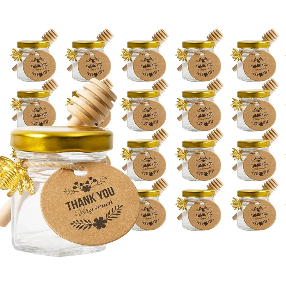 20 x Little Glass Honey Jar - Glass Honey Jars with Gold Lids, Wooden Dippers, Bee Charms and Jutes for daughter Shower