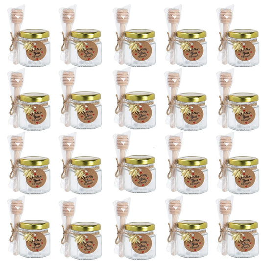 20 x Little Glass Honey Jar - Glass Honey Jars with Gold Lids, Wooden Dippers, Bee Charms and Jutes for daughter Shower